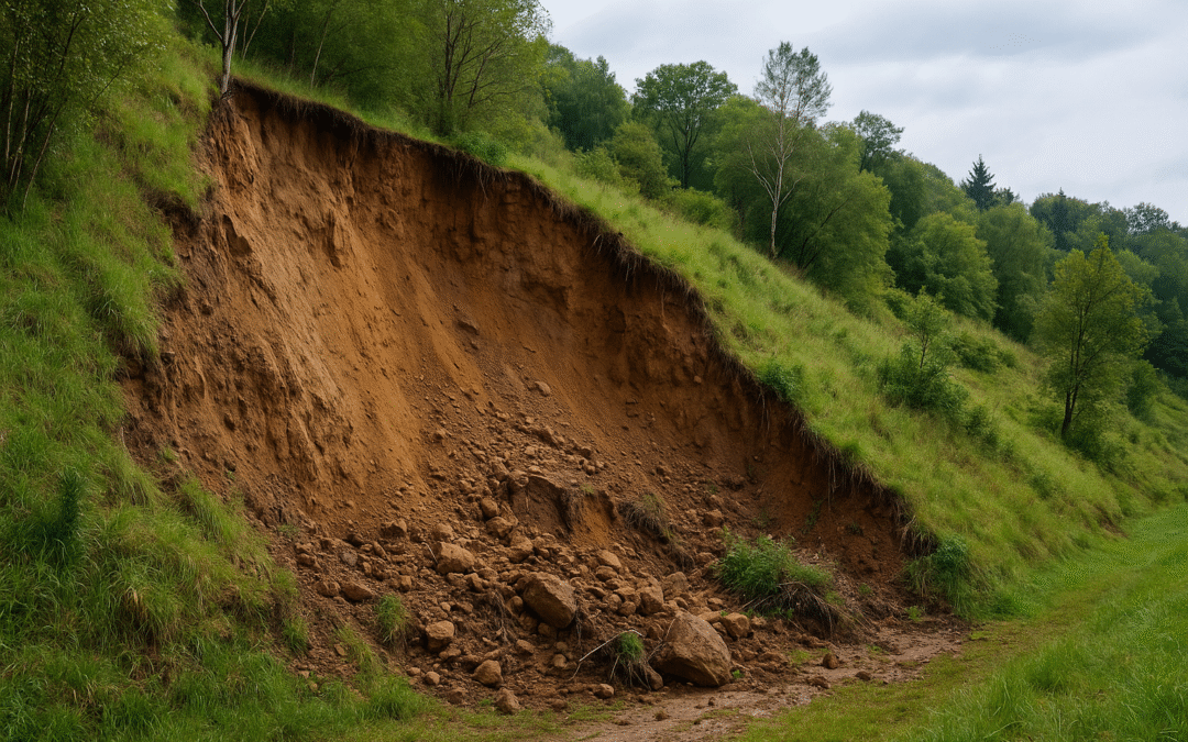 Glissement de terrain sur une pente instable avec le titre “Glissement de terrain et stabilité des pentes : comment prévenir les risques ?” – Géosphère X.